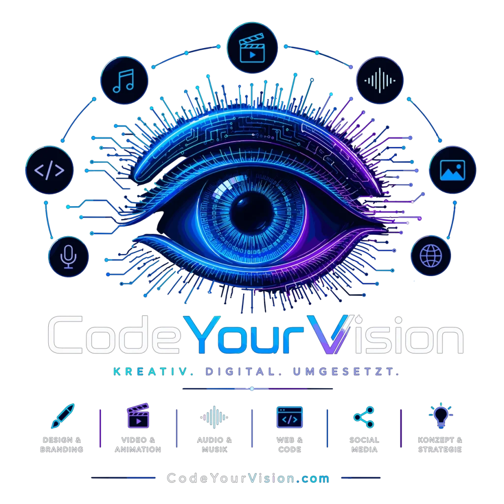 CodeYourVision-Logo: digitales Auge mit Schaltkreislinien und Mediensymbolen, Schriftzug CodeYourVision, Slogan „Kreativ. Digital. Umgesetzt.“, sechs Leistungsbereiche und die Domain CodeYourVision.com