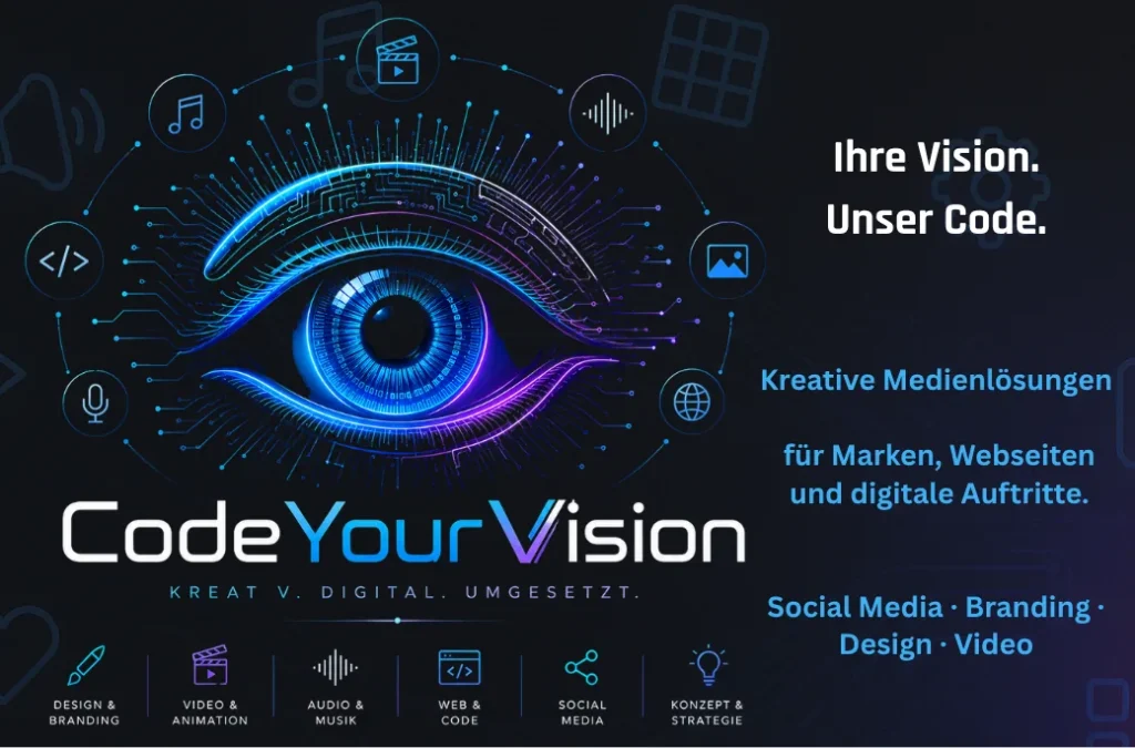 Vorderseite der CodeYourVision-Visitenkarte mit Logo, dem Claim „Ihre Vision. Unser Code.“ und den Leistungsbereichen
